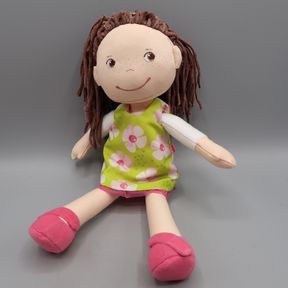 HABA Coco 12" Soft Plush Doll with Brown Hair Embroidered Face Floral Dress